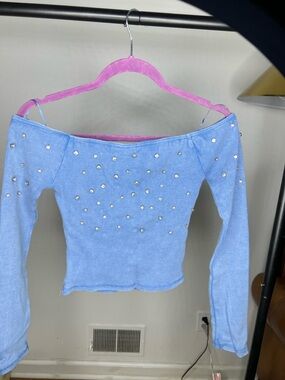 silence + noise Light Blue Off-Shoulder Pearl Studded Long Sleeve Top